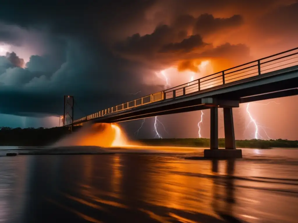 Amidst the chaos of a hurricane, a powerful phone bridge stands tall, its water cascading under a bridge due to the force of the storm