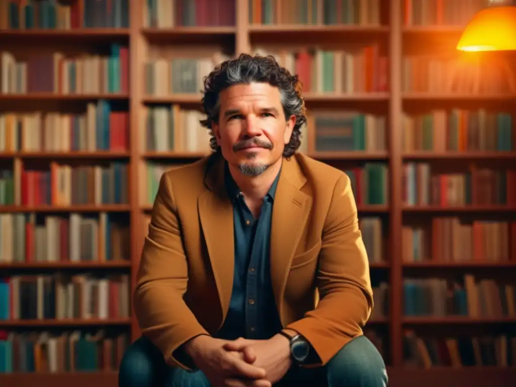 David Eggers, the renowned author of Zeitoun, poses confidently in front of a bookshelf brimming with books, a vibrant cityscape and a brilliant sun illuminate the background in this stunning portrait