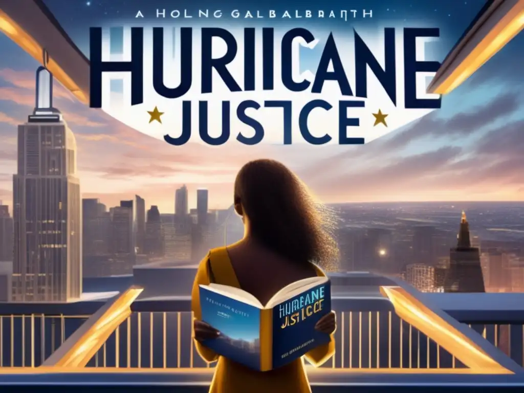 A stunning young woman, gracefully holding 'Hurricane Justice' by Holley Galbraith on a city awning at dawn, while gazing up at the sky