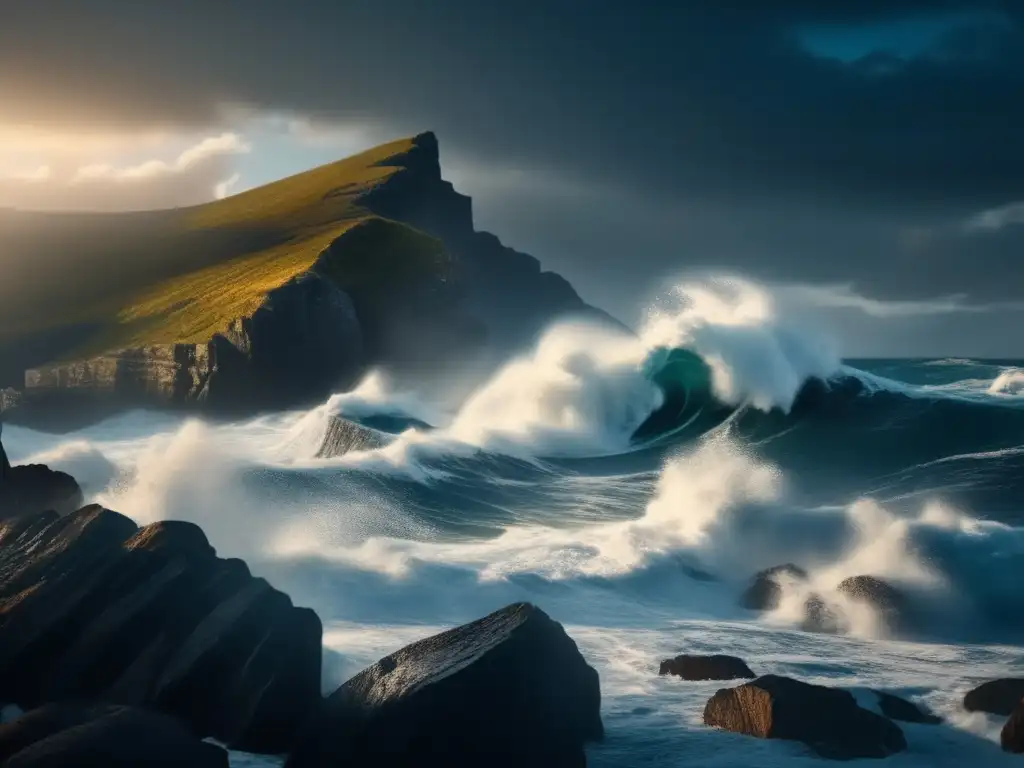 A cinematic image of a massive waves crashing down on a rocky cliffside, with a sense of foreboding and danger