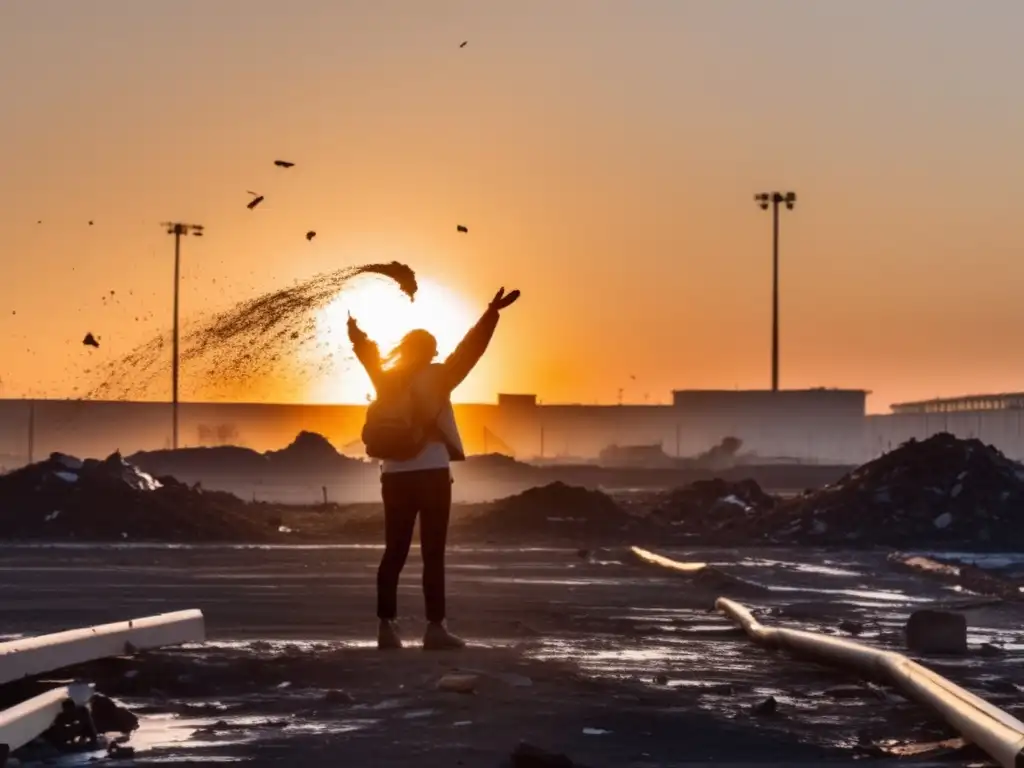 Person standing in front of a construction site, taking a moment to observe the chaos of flying debris against a warm, inviting sky