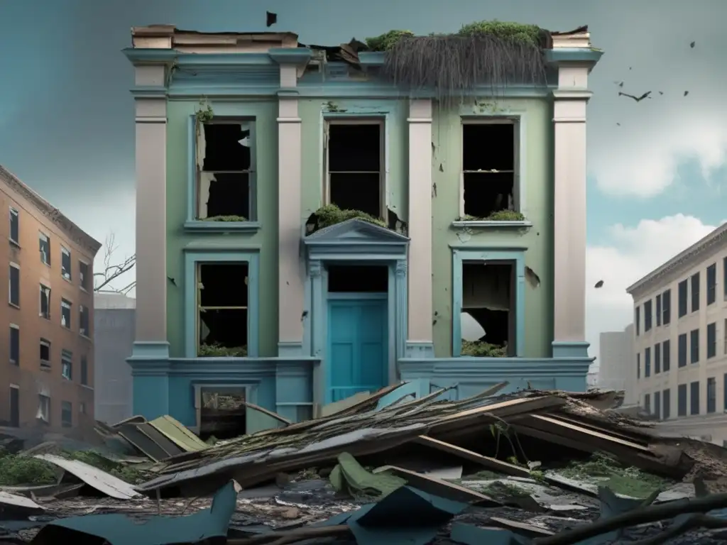 A somber image of a once-majestic building reduced to rubble, with blue and green hues dominating the color scheme