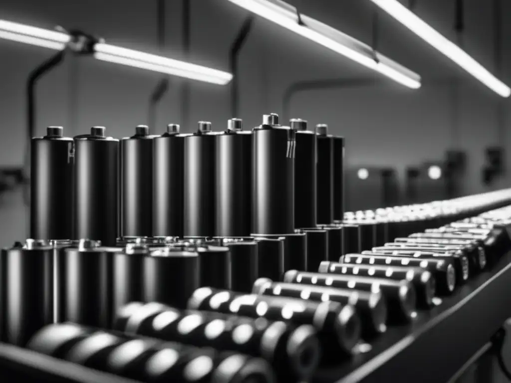 A stunning black and white image featuring a row of deep cycle batteries set on a white background, illuminated by overhead lighting