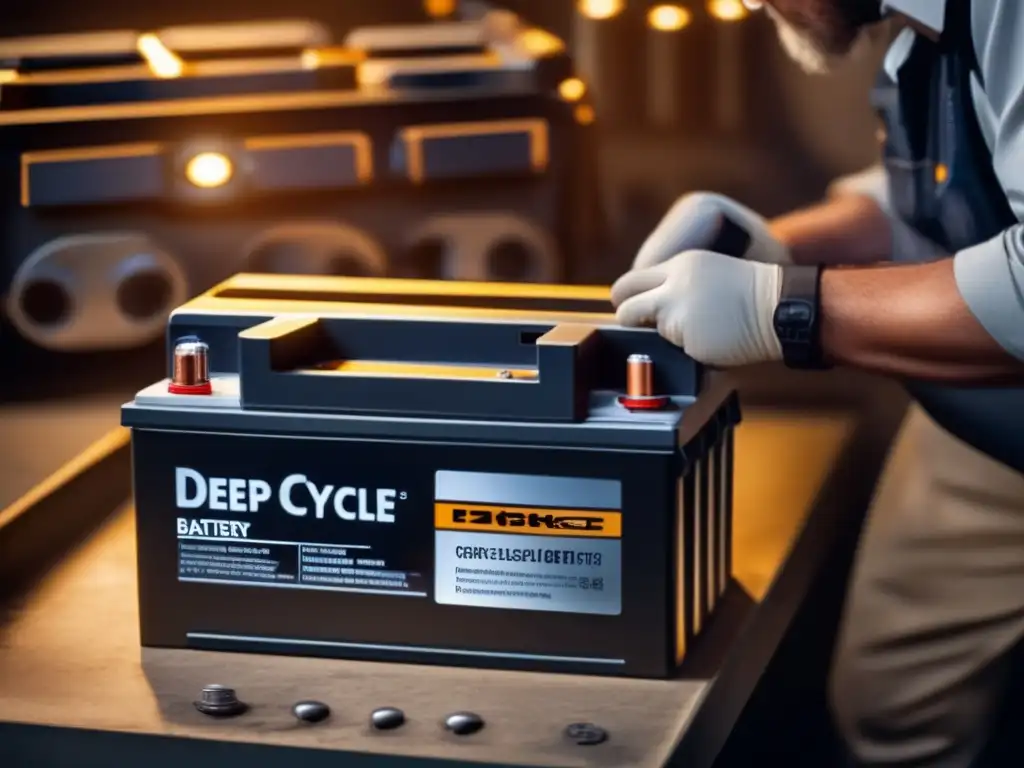 A vivid closeup of a man scrutinizing a deep cycle battery, with other three types in the back