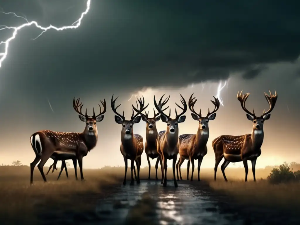 A cinematic masterpiece showcases a group of deer huddled together during a hurricane, with wind and rain swirling around them