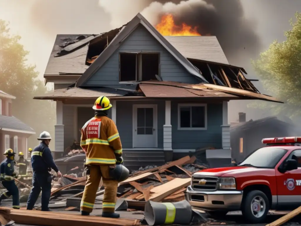 A person stands defeatedly in front of a ruined house with a fallen roof, surrounded by debris