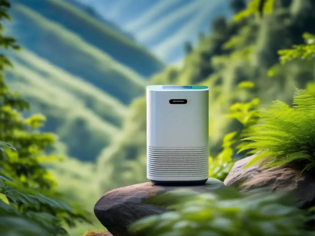 Dash- -A compact and sleek portable dehumidifier stands in a lush green forest, surrounded by life and freshness