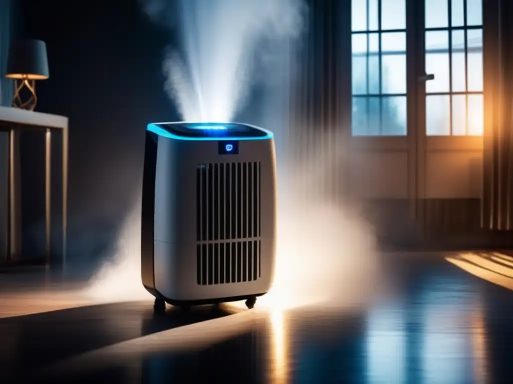 The image showcases a sophisticated and sleek portable dehumidifier in the midst of a humid room