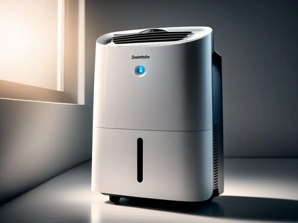 Portable dehumidifier silently battling humidity, droplet falls from device in cinematic shot with soft focus lighting on white background