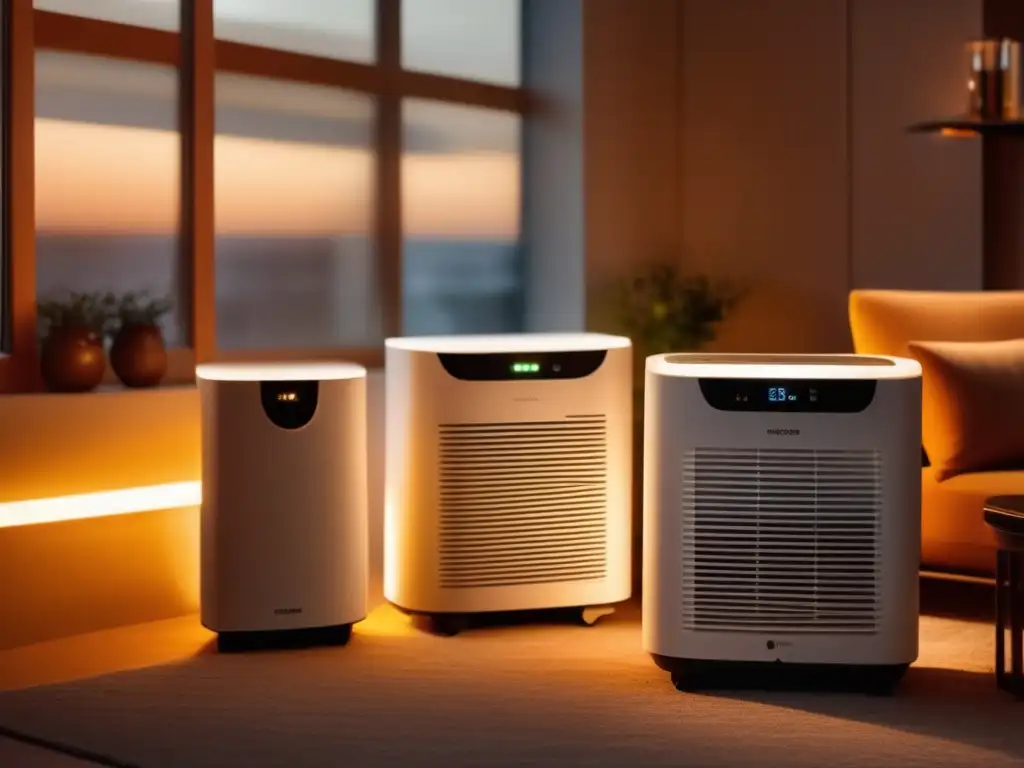 In this captivating image, a room is adorned with multiple dehumidifiers arranged neatly, bathed in a rich, warm light