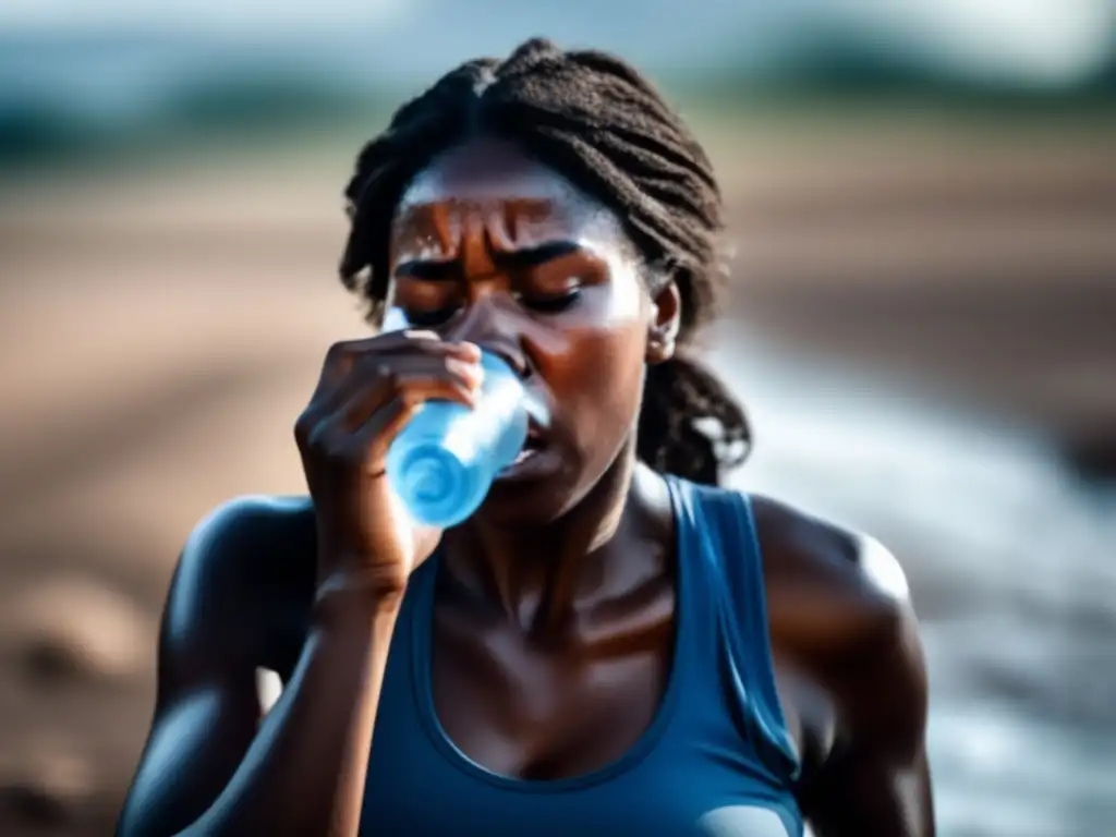 A person fighting to keep hydrated during a natural disaster, agonizingly collapsing due to lack of moisture