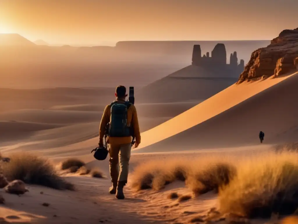 A rugged explorer braves a vast desert landscape with two rugged hikers behind him, each armed with a walkietalkie in one hand and a whistle in the other