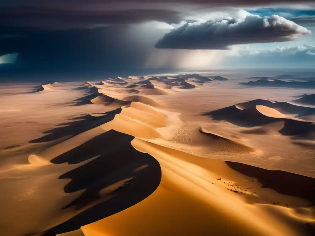 A serene aerial view of the Sahara desert showcases a stark contrast between the dry landscape and the mesmerizing clouds