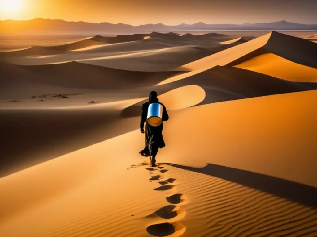 A lone figure carrying a water container amidst a vast desert landscape surrounded by towering sand dunes