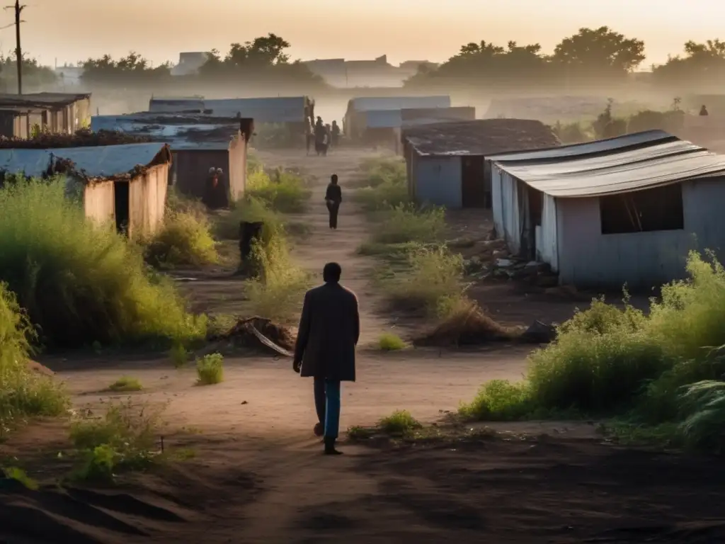 A person walks desolately through a run-down community, surrounded by overgrown vegetation and dilapidated homes