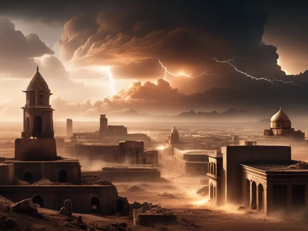 A desolate city in ruins, surrounded by dry landscapes with dust clouds swirling around architecture