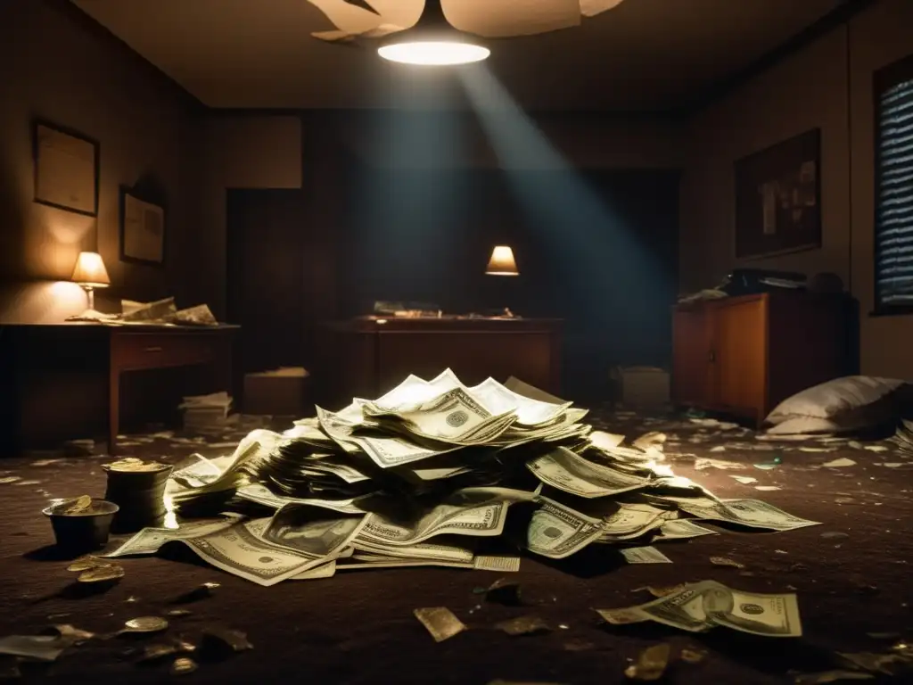 A cinematic-style image of a disheveled stack of cash bills sits center-stage in a dark, cluttered room, surrounded by debris and broken glass