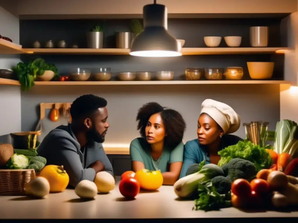 In the dimly lit kitchen, a group huddles together, their faces illuminated by a single light bulb