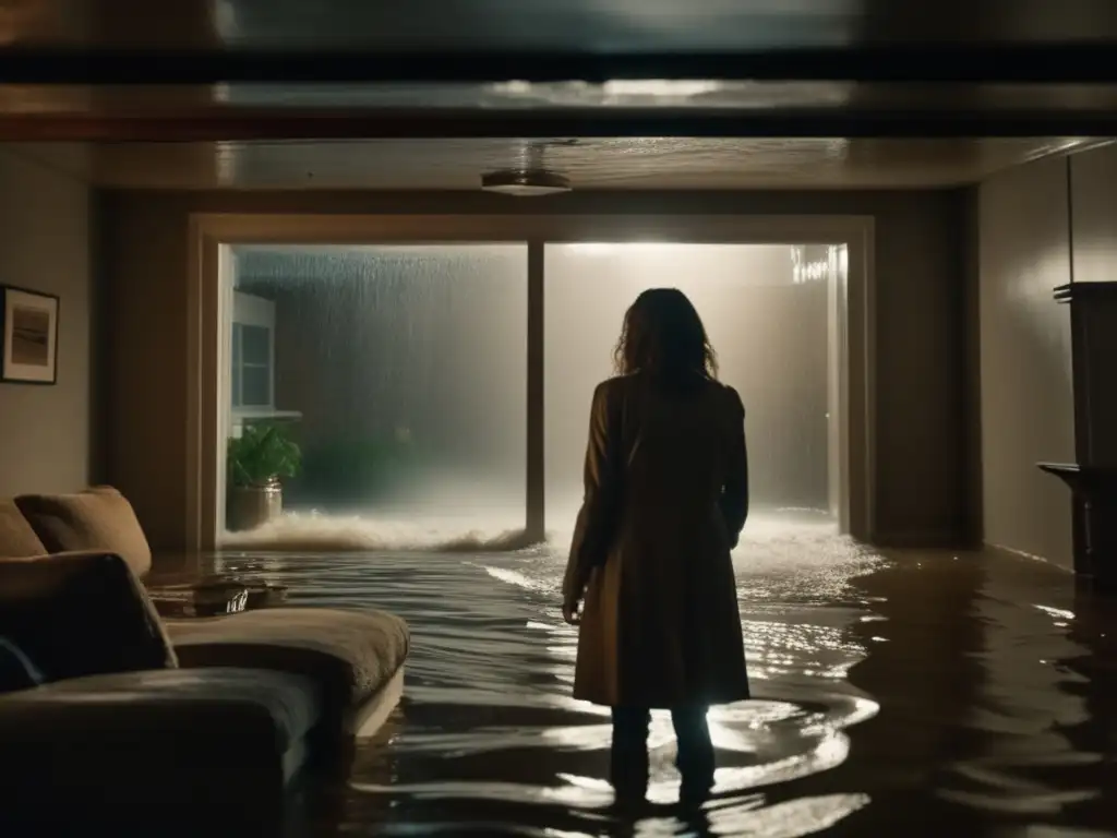 In this somber image, a woman stands helplessly in a flooded basement, where water rushes in through a blown-out window