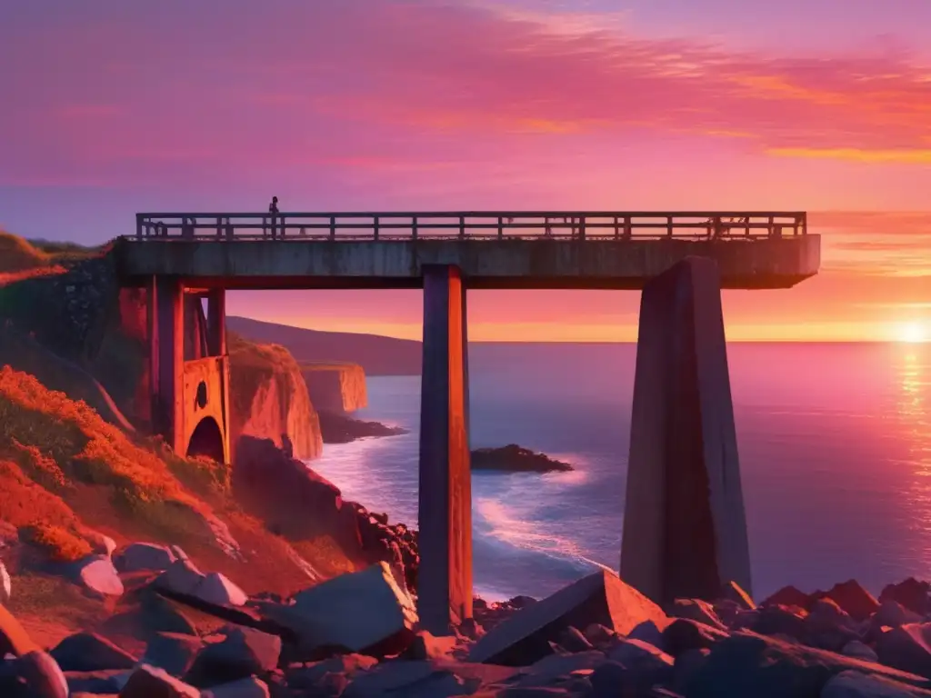 A stunning image of a destroyed bridge, perched on the edge of a cliff and overlooking the endless expanse of the ocean