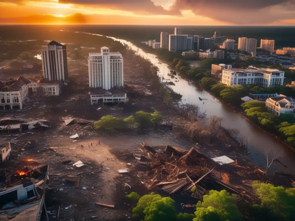 Devastating hurricane ravages city skyline, leaving behind destruction, but community remains resilient and determined to recover