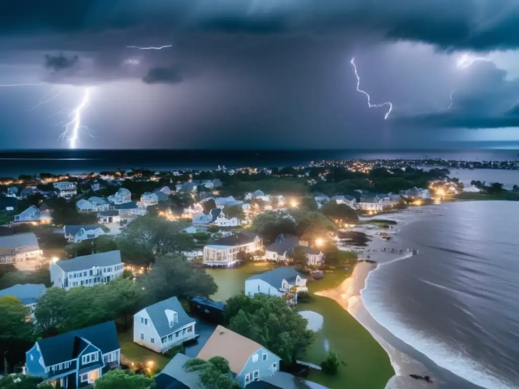 A chilling view of New England as Hurricane makes landfall, with lightning illuminating the stormy scene