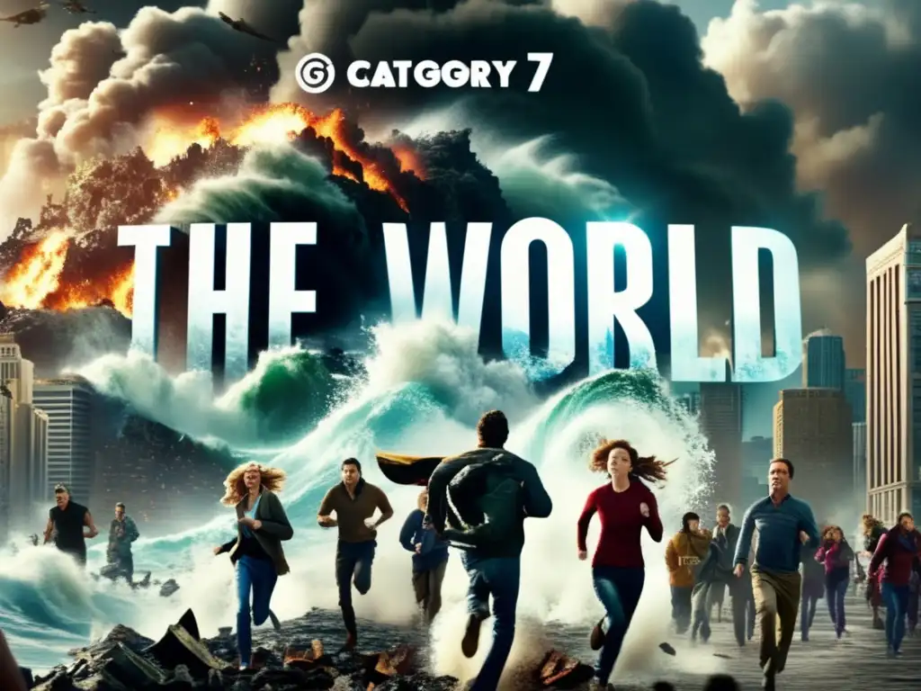 Destruction and chaos reign in 'Category 7: The End of the World' as people flee from a towering wave, the cityscape in ruins behind them