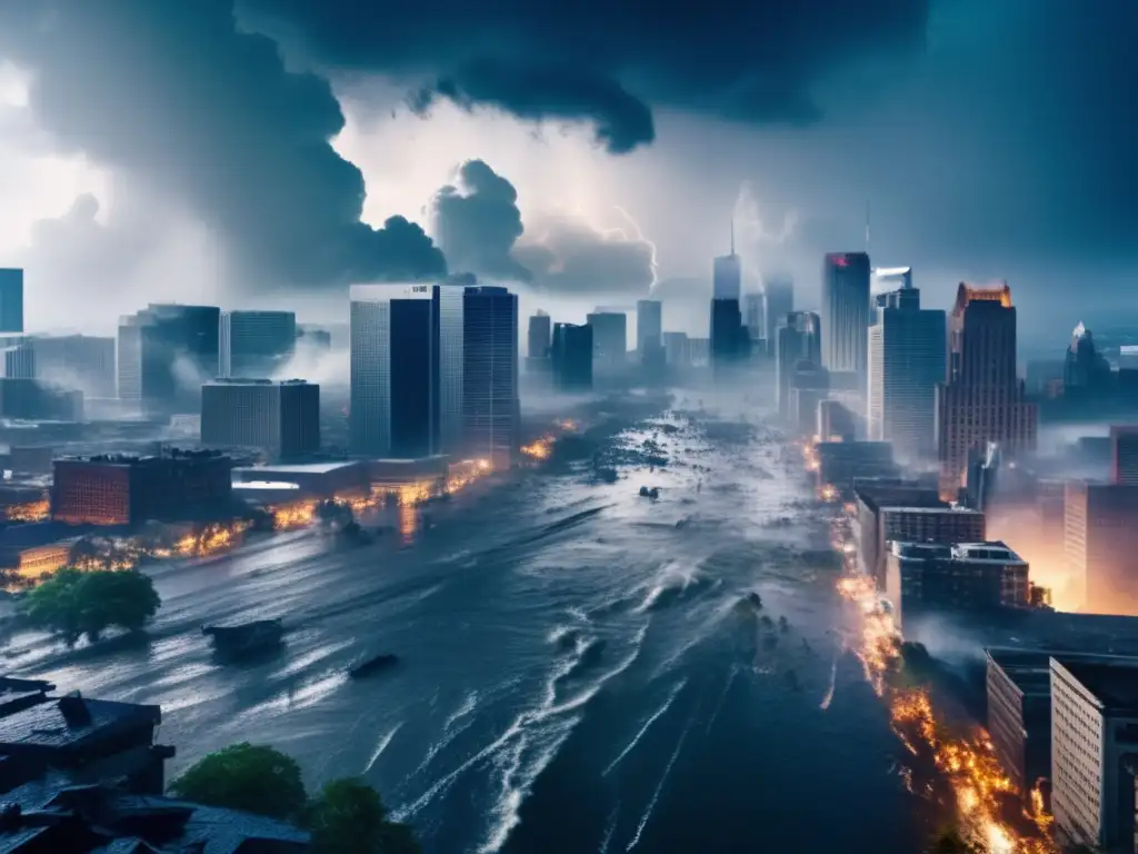 A haunting cinematic image captures the city's destruction, encased in chaos due to severe weather conditions