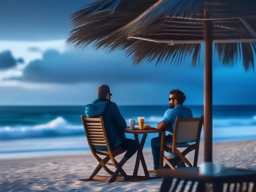 A freelancer and digital nomad, seated comfortably at a beachside café, remain unfazed as the first hurricane winds start to sweep the area