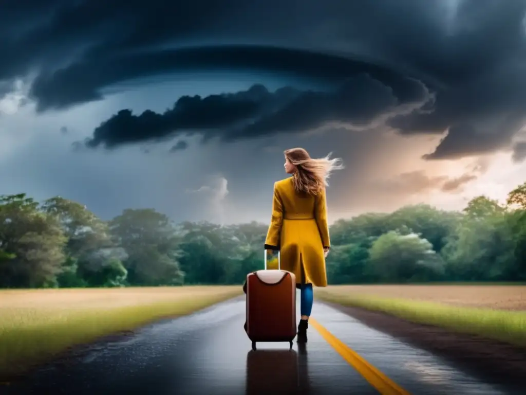 A determined, fashionable woman stands ready to face a hurricane, her suitcase packed and her eyes set on the horizon