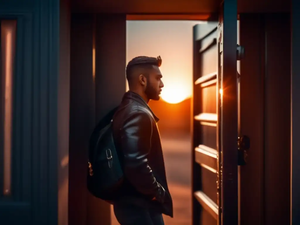 A determined individual, standing resolute in front of a massive metal door, with the setting sun illuminating the scene