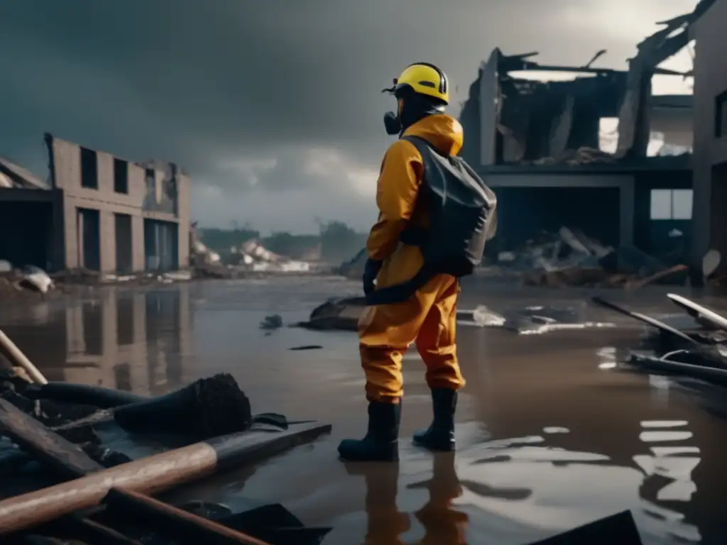 A determined person stands amidst the debris of a flooded location, wearing protective gear and assessing the recovery process ahead