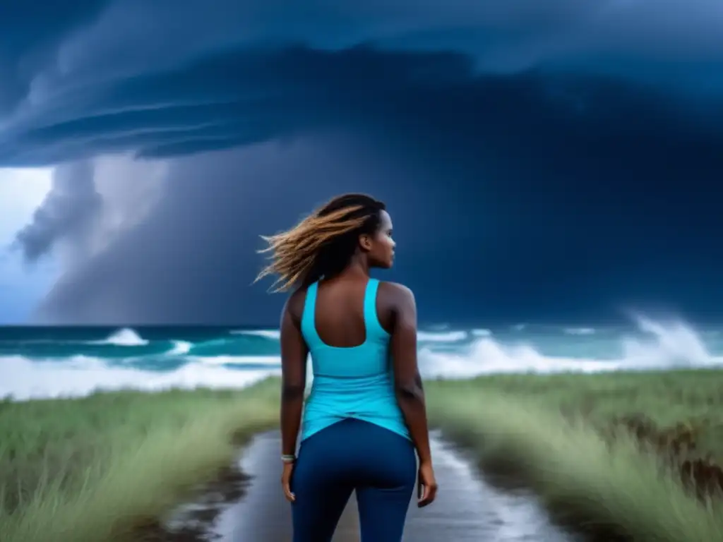 Determined individual standing brave against the tumultuous hurricane, with blue skies and the ocean as a backdrop