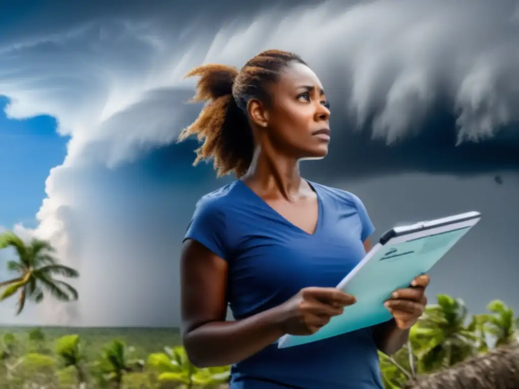 Determined woman in foreground, with sweaty face and clipboard in hand, bravely writes under an open blue sky with a hurricane looming behind