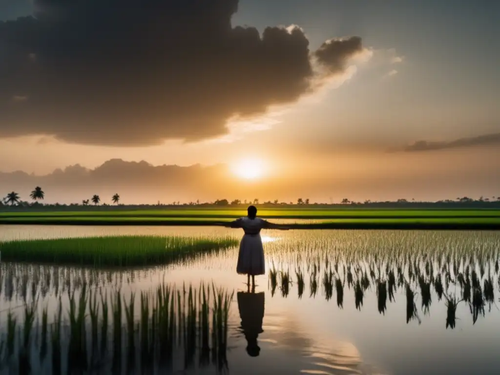 A photograph of a flooded rice field with a woman facing the aftermath, and the restless water crashes