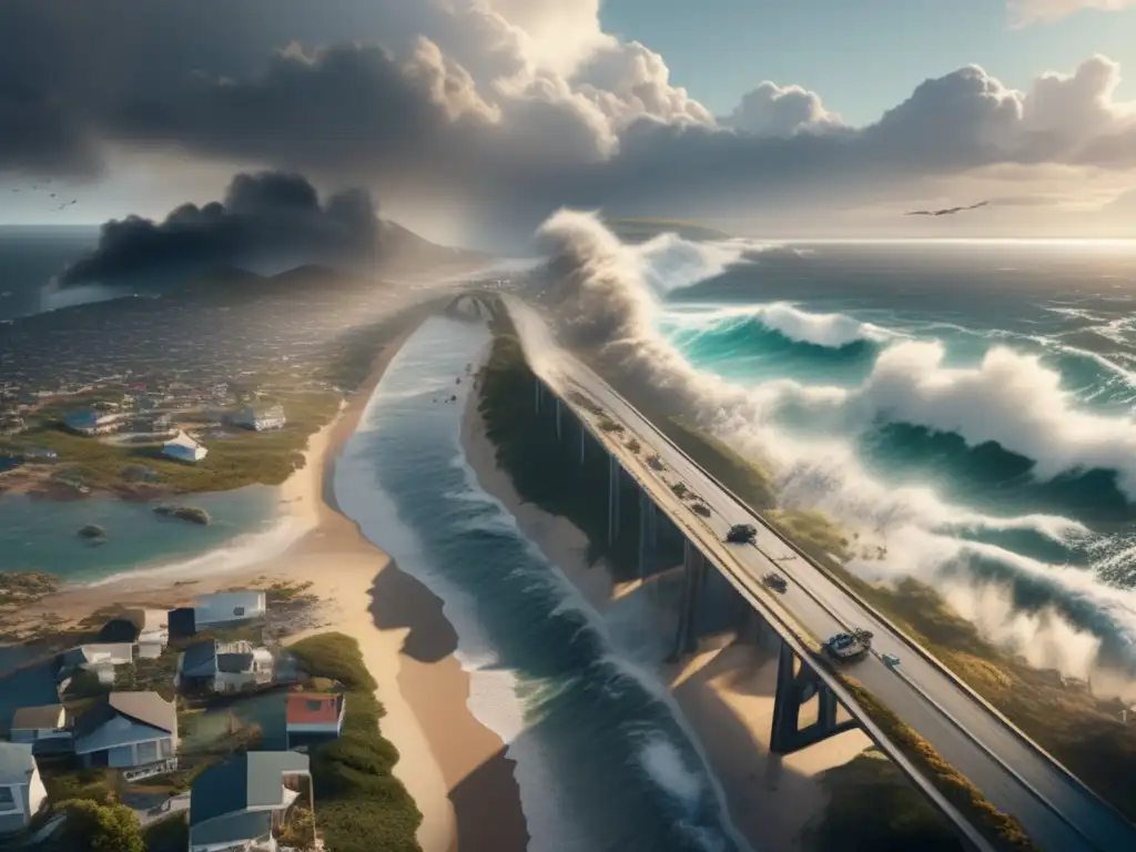 Devastated coastal town with multiple damaged roads and bridges in the foreground, surrounded by stormridden waves and debris