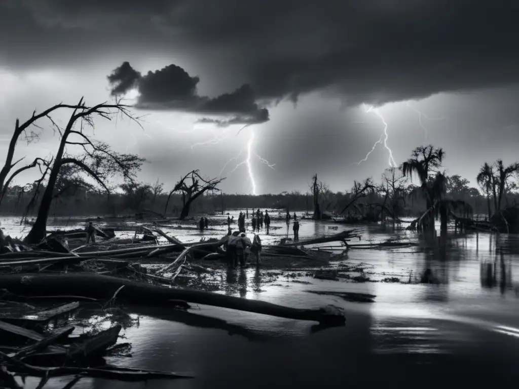 Devastated bayou landscape, fallen trees, destroyed homes, and flooded streets in black & white