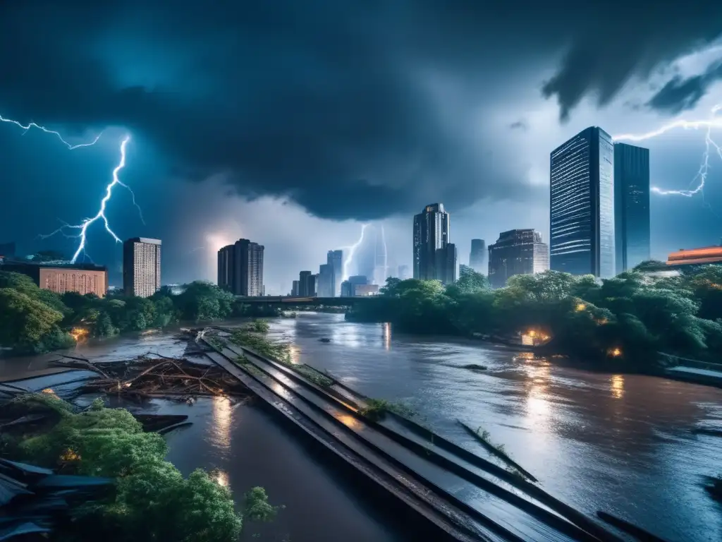 Devastation reigns in this cityscape, with towering buildings swaying in the wind and trees toppled over