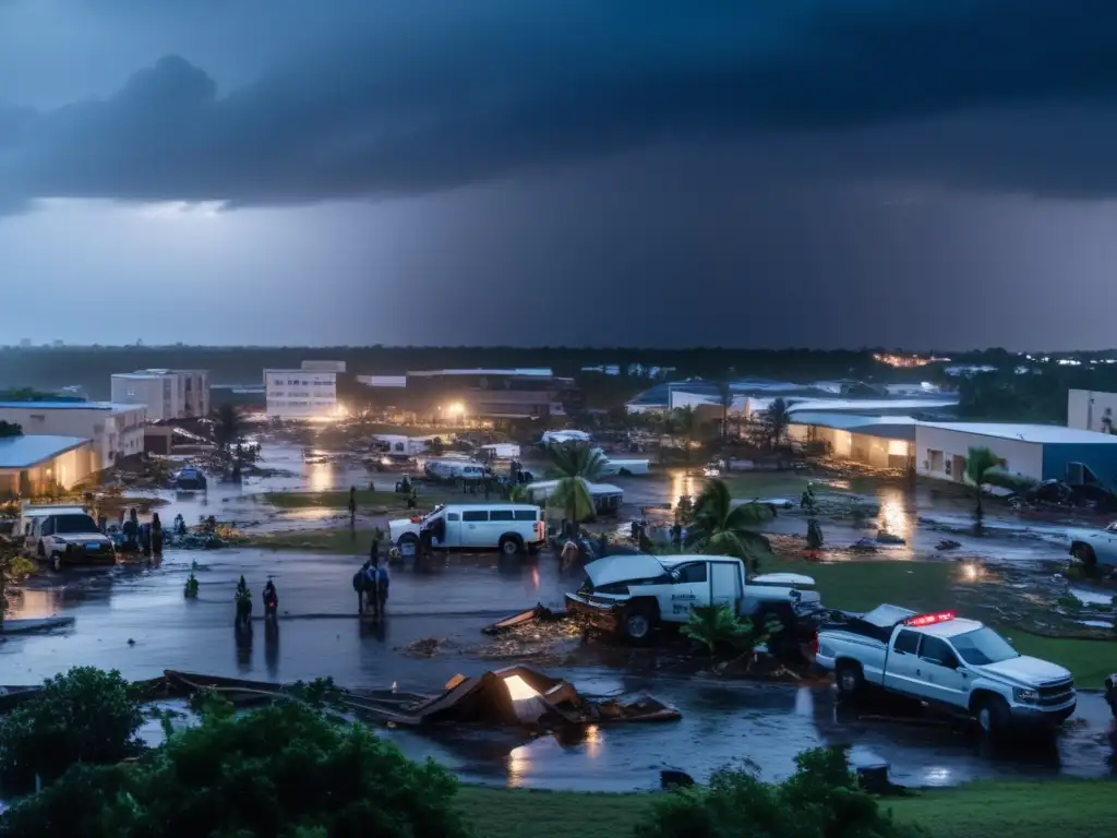 Devastation reigns over this cityscape after a hurricane, with debris and destruction everywhere in sight