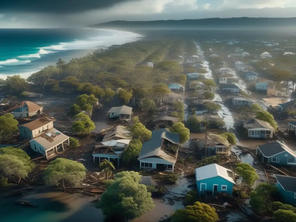 A dramatic view of a hurricane-torn town, with buildings crumbling and trees swaying wildly