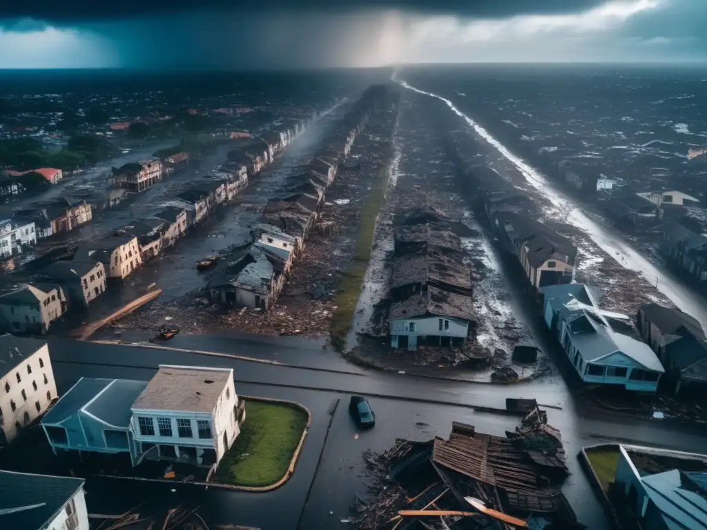 A heart-wrenching aerial shot of a city in turmoil, with broken buildings and overturned cars strewn across the debris-strewn streets