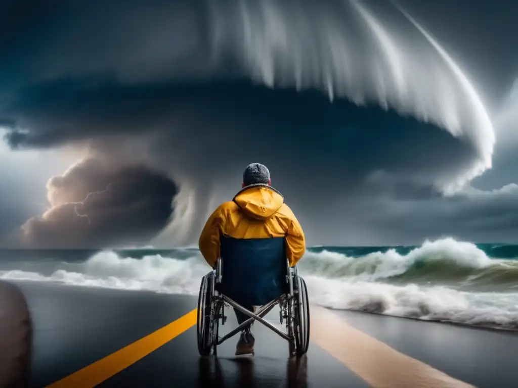 A disabled hero standing tall amidst the fiery fury of a hurricane, with safe passage in the background as a symbol of resilience and perseverance