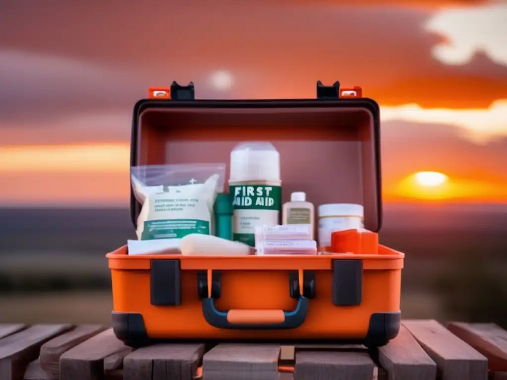 A first aid kit stands tall amidst the chaos of a hurricane-stricken landscape as the sun sets in the distance