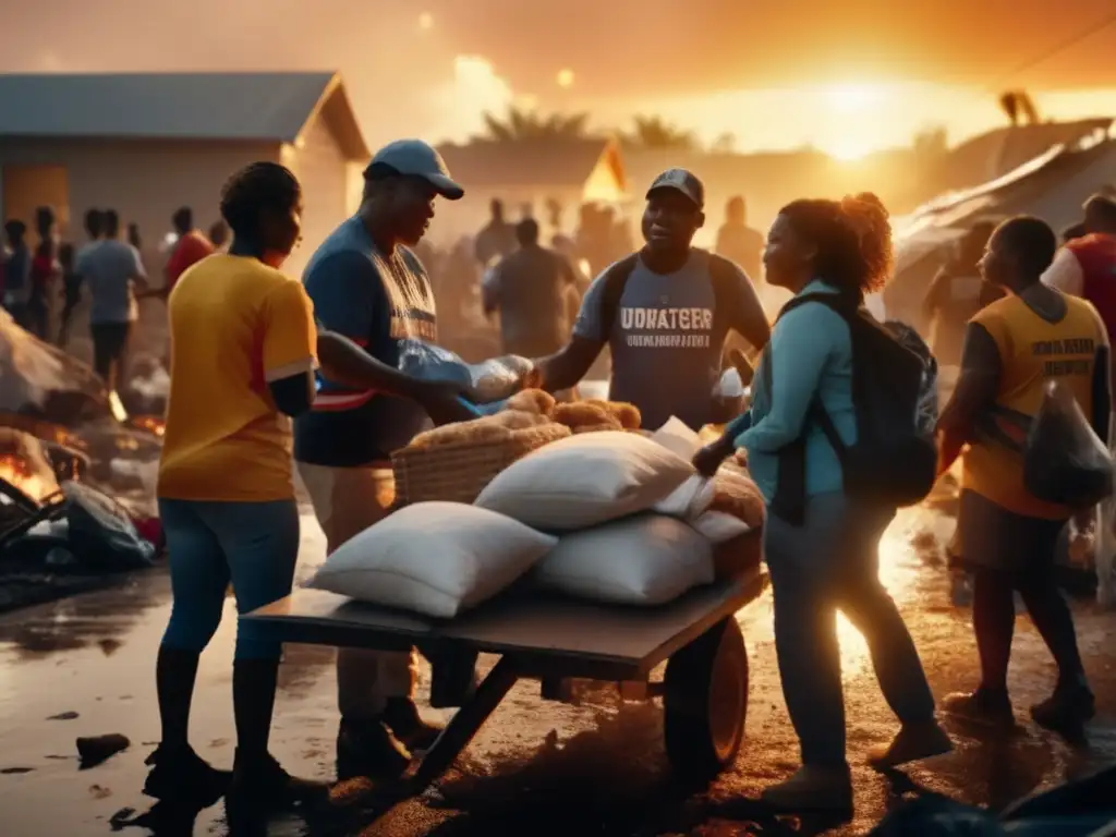 Emotional refuge in the aftermath of disaster: Volunteers unite in a cinematic image, giving hope and aid to survivors amidst the wreckage