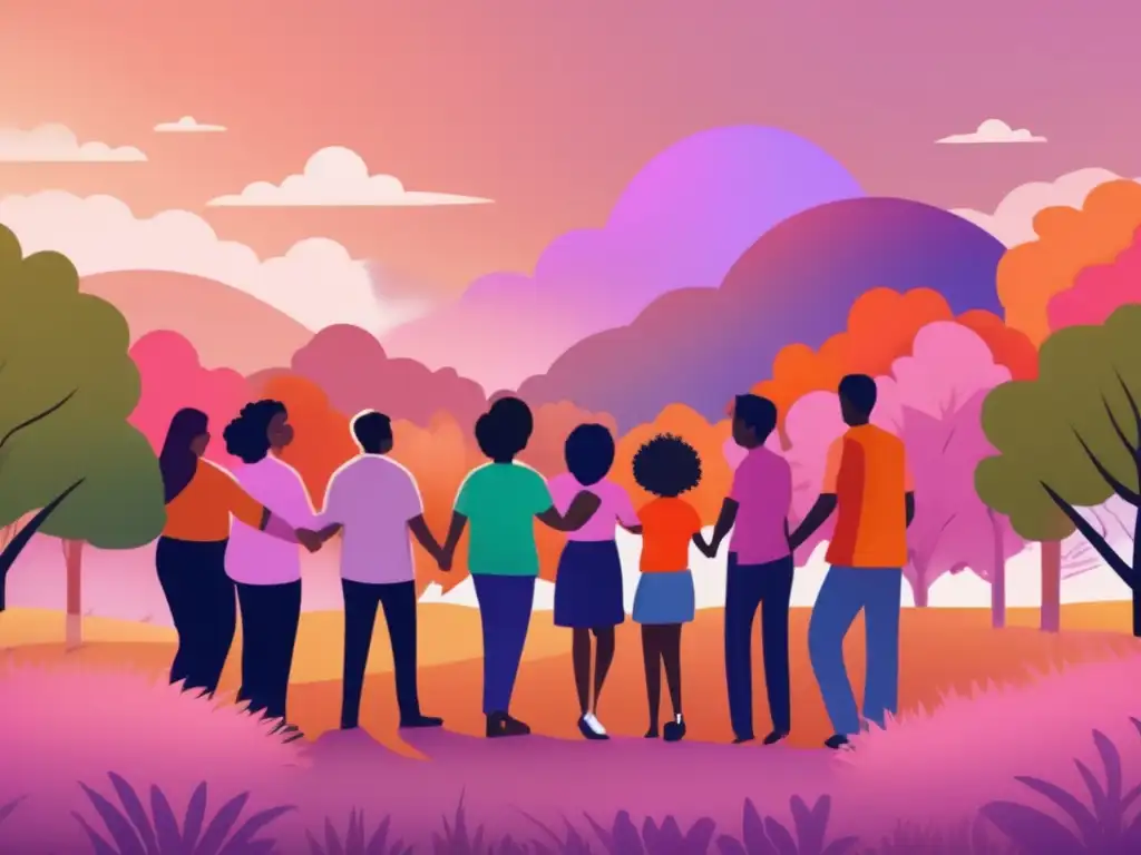 Diverse group of people standing together in solidarity after natural disaster, surrounded by lush trees and pink sunrise