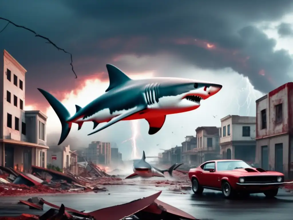 A tornado ravaged city lies in ruins, with a massive looking shark standing tall in the foreground