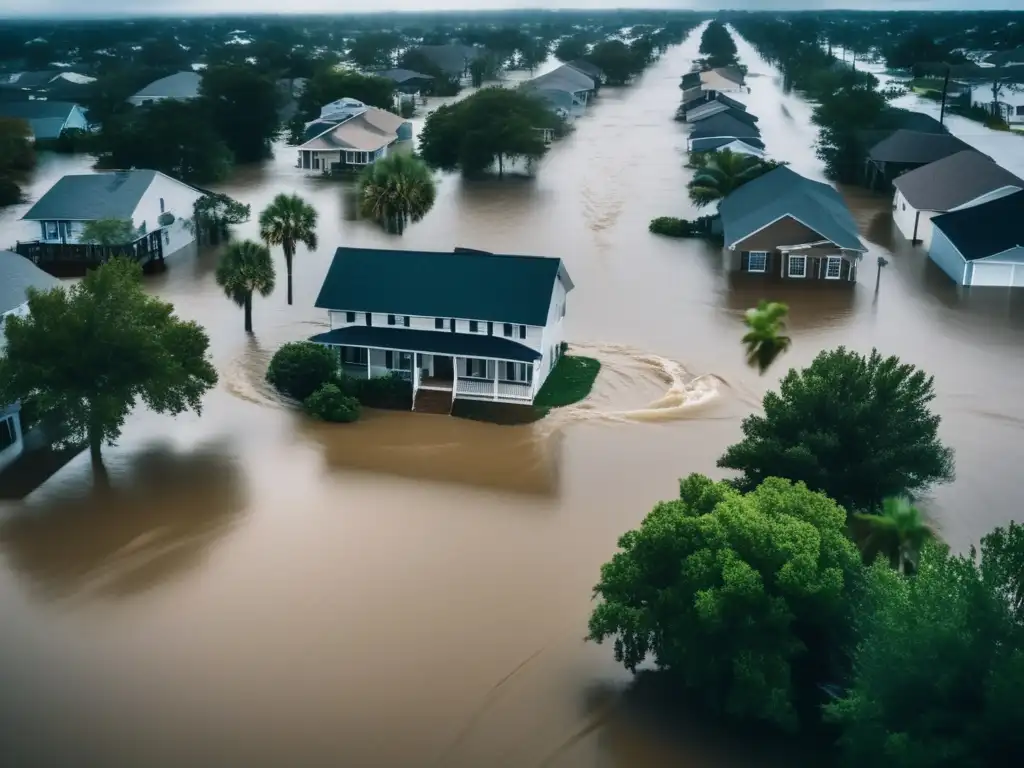 A heart-wrenching aerial shot of a flooded neighborhood, with a half-submerged house clinging to its foundation