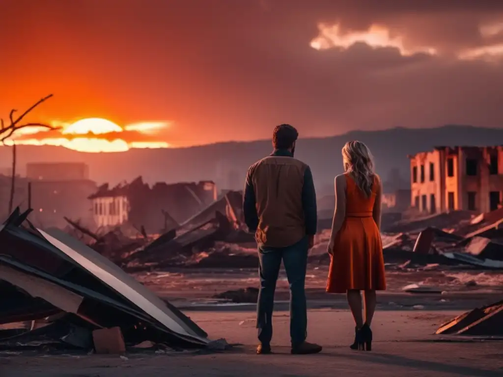 Amidst the wreckage of a once-thriving city, we see a man and woman standing in silent, mournful awe of the hurricane devastation that surrounds them