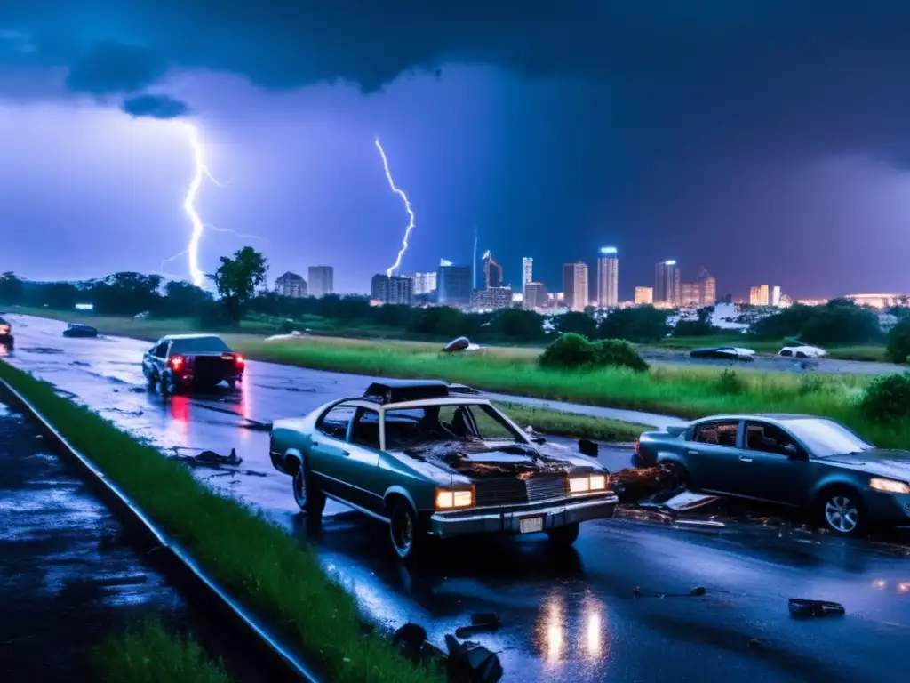 A catastrophic cityscape, cars and debris scattered, dark skies with rain and lightning in the distance