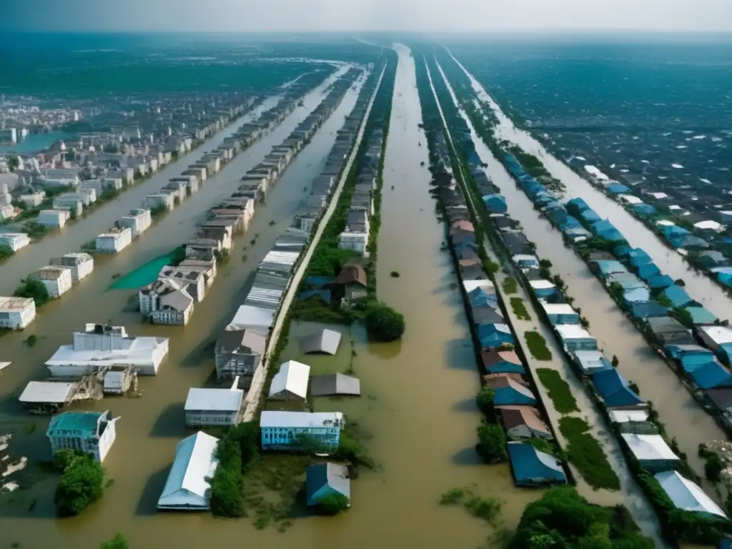 A cinematic 8k image from 'Forecast: Disaster,' depicting a submerged cityscape